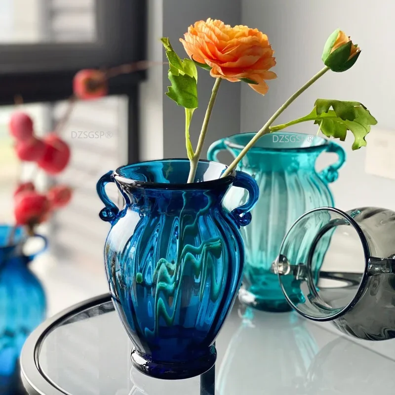 Modern Hydroponic Flower Vase Wedding Decoration Accessories Nordic Handle Stained Glass Vase Living Room Countertop Decoration