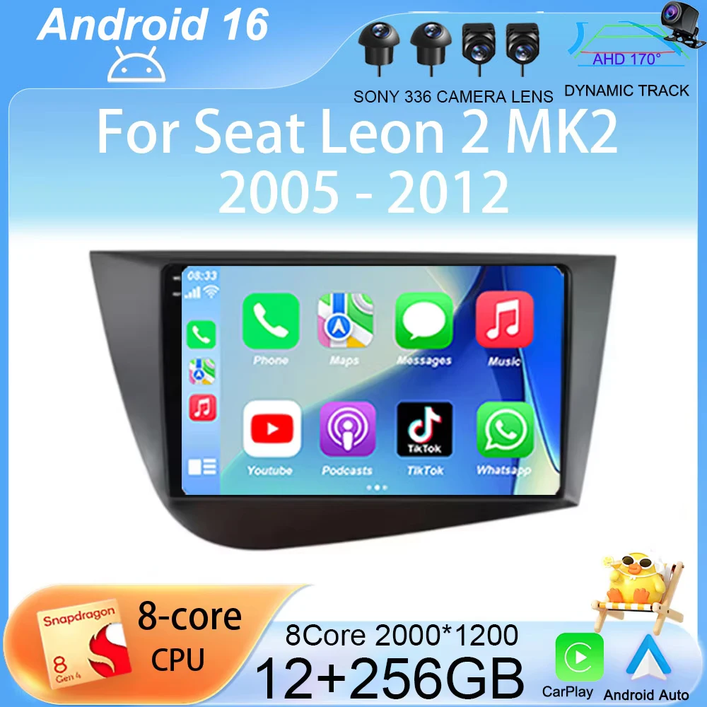 

Автомагнитола Android 16 9" 2Din с мультимедийным видеоплеером для Seat Leon 2 MK2 2005-2012, навигация GPS, 4G, Carplay, без DVD