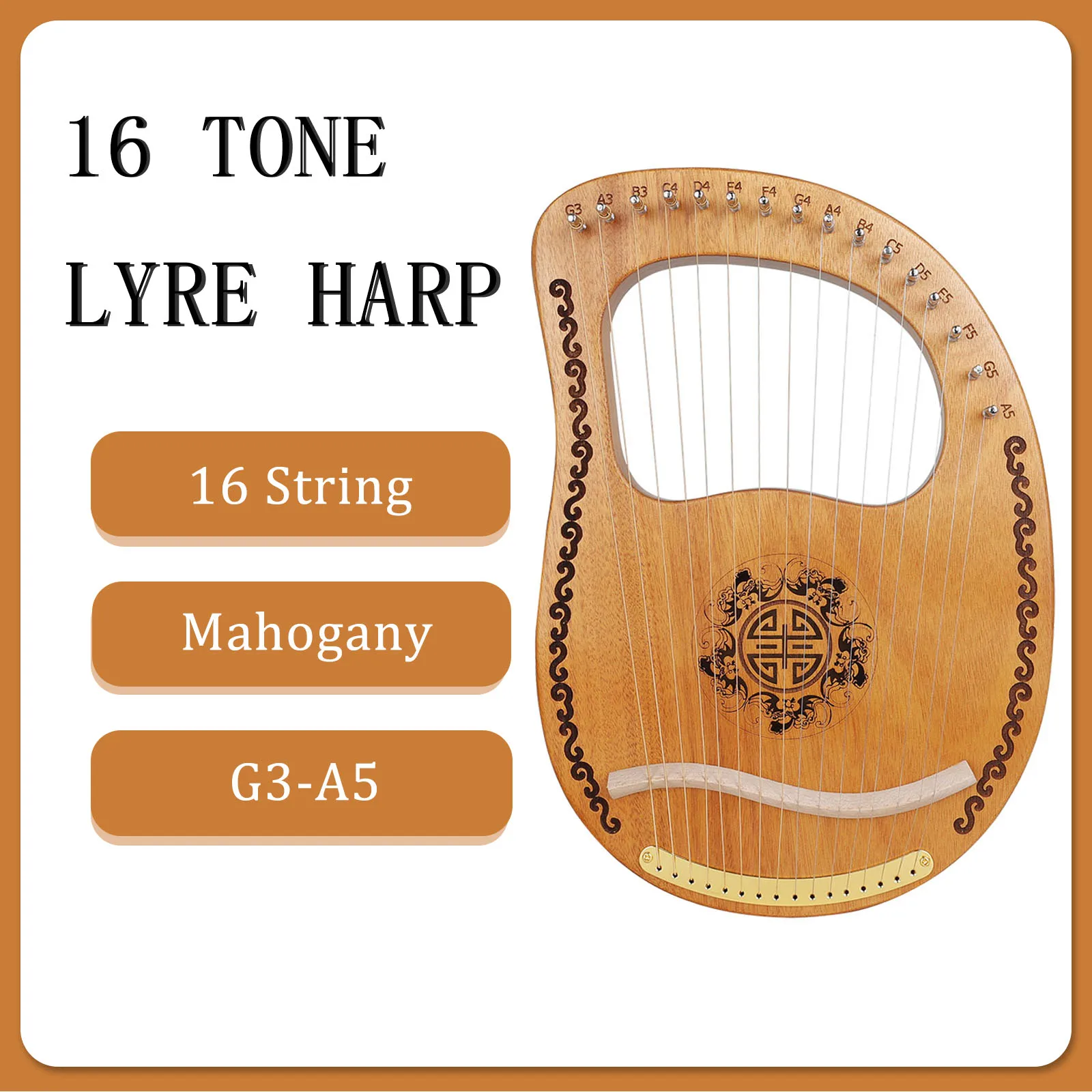 16 Strings Lyre Harp Mahogany G3-A5 Harp Wooden 16 Notes Harp with Tuning Tool Stringed Instrument For Kids Adult Beginners