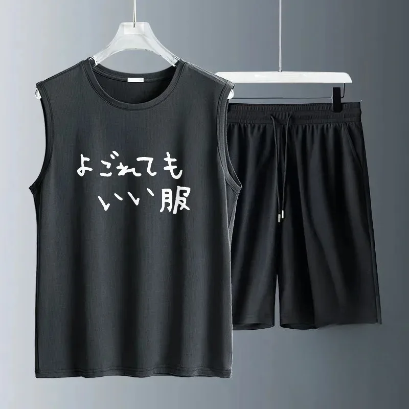 

2025 Summer Men's Set casual Knit Quick Drying oversize Sleeveless Vest Top Shorts Two-piece Men's Clothing printing Beach set