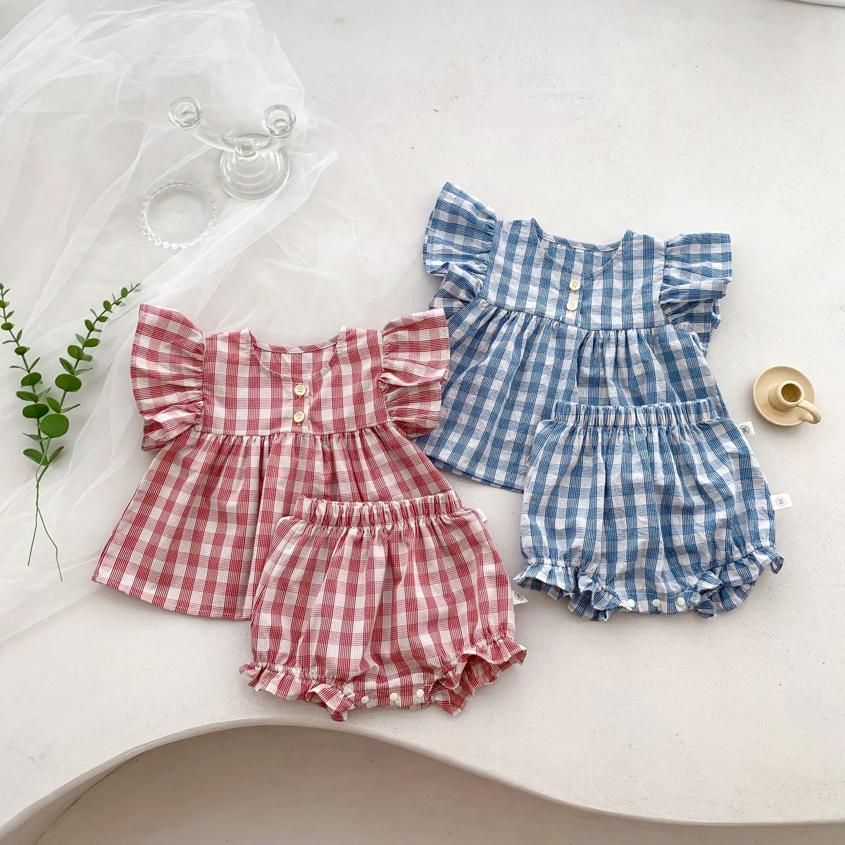 MILANCEL Baby Girls Summer Clothes Ruffle Tee And Bloomer 2Pcs Girls Outfit Plaid Tee Suit