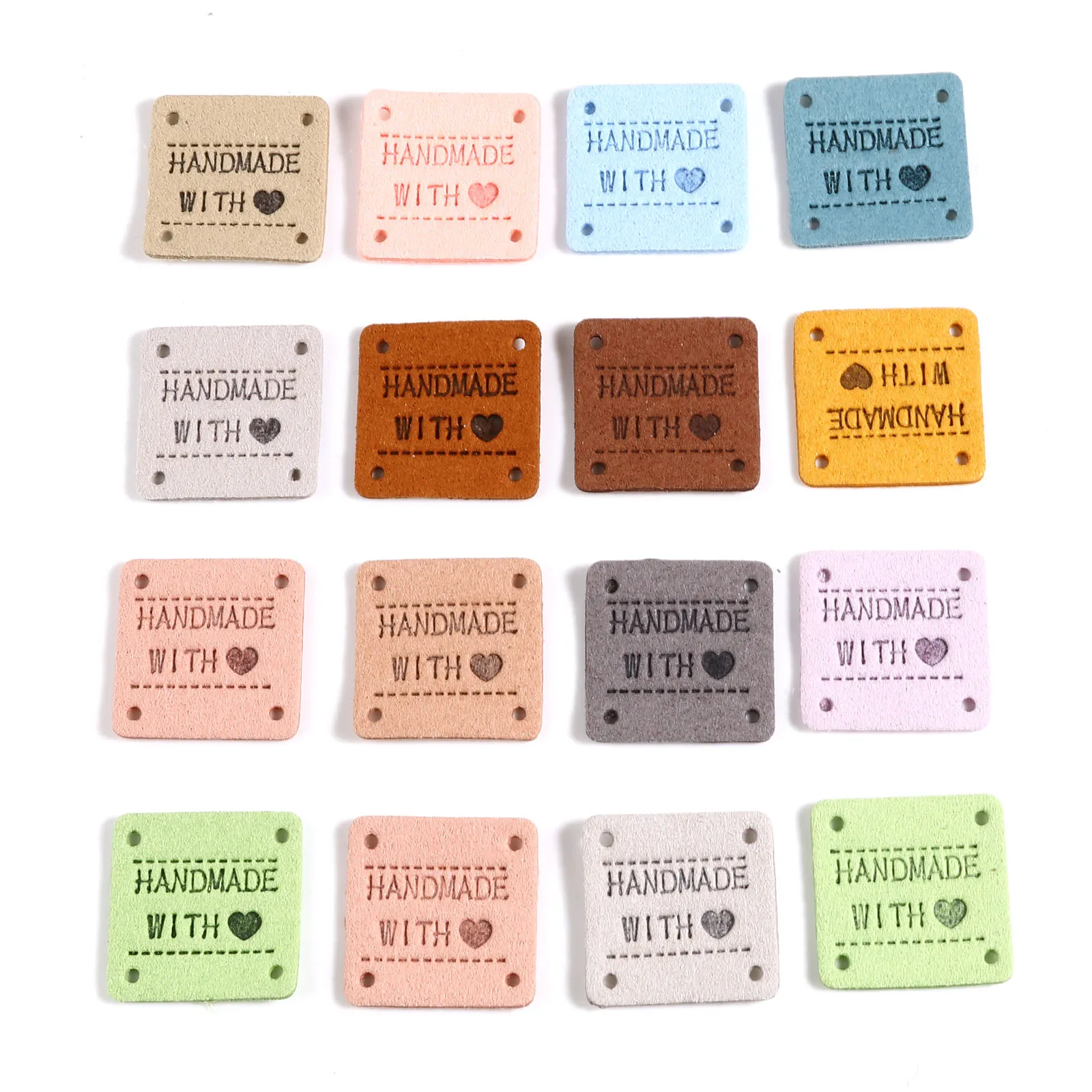 20 PCs Hand Made With Love Clothing Embossed Labels Faux Suede Four-hole Lether Label Tags Square Multicolor Craft Decor 25x25mm