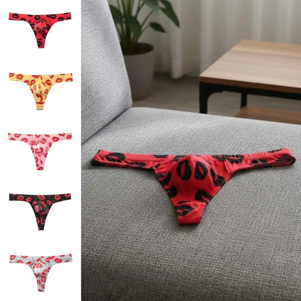 

Comfortable Ice Silk Men Lip Pattern Thongs with Mouth Print Lingerie Male Briefs T-back Red Lip Underpants Sports