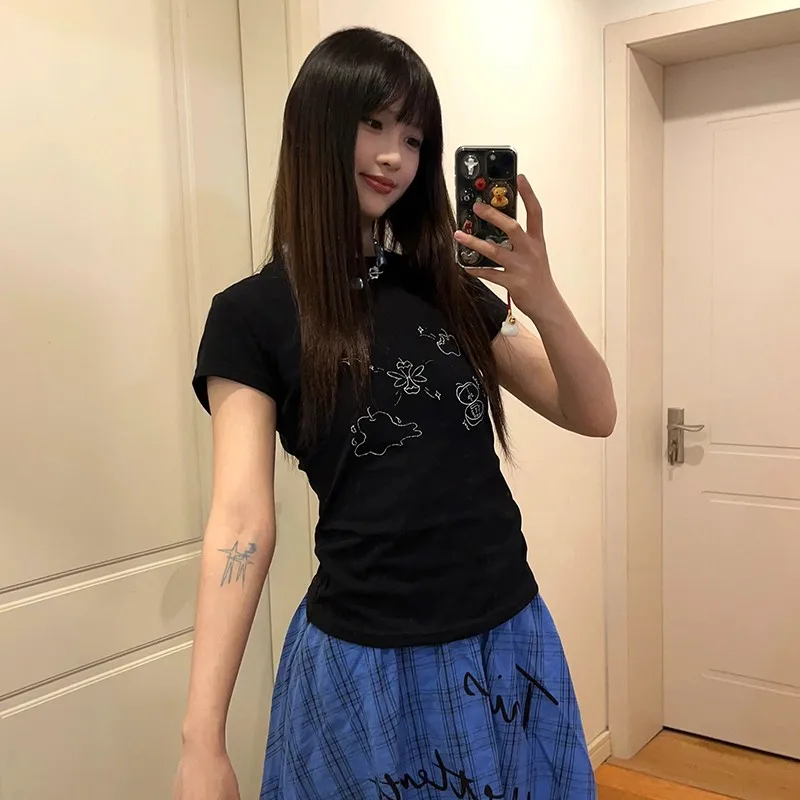 Karrram Japanese Y2k Graffiti Print T-shirt Vintage 2000s Style Short Sleeve T Shirt Harajuku Fairycore Black Tee Shirt Grunge
