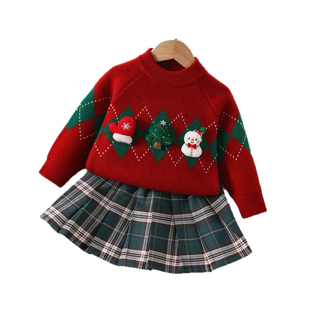 ชุดเสื้อผ้าเด็กผู้หญิง 2 ชิ้น สำหรับฤดูหนาว ชุดคริสต์มาส เสื้อสเวตเตอร์เด็กผู้หญิงแบบหลวม ผ้ากำมะหยี่ลายสก็อต กระโปรงจีบสำหรับเด็กผู้หญิง