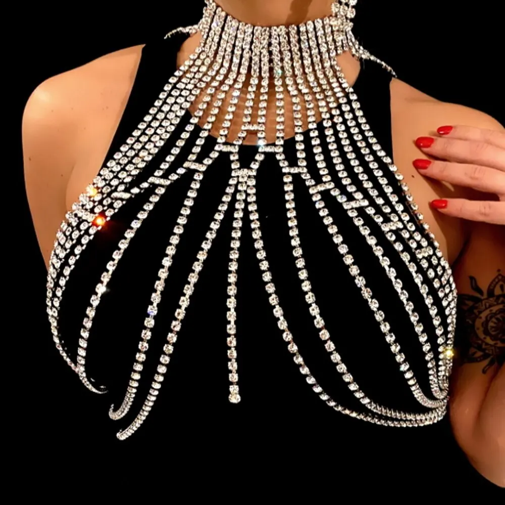 Selling luxury crystal chest chain retro high-grade multi-layer rhinestone necklace body chain dress matching