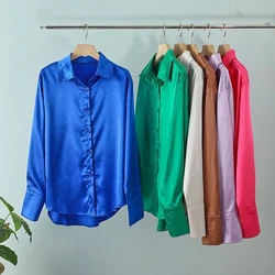 Elegant Satin Long Sleeve Blouses Women 2023 Vintage Blue Green Silk Shirt Women Casual Loose Button Up Female Shirts Tops 21066