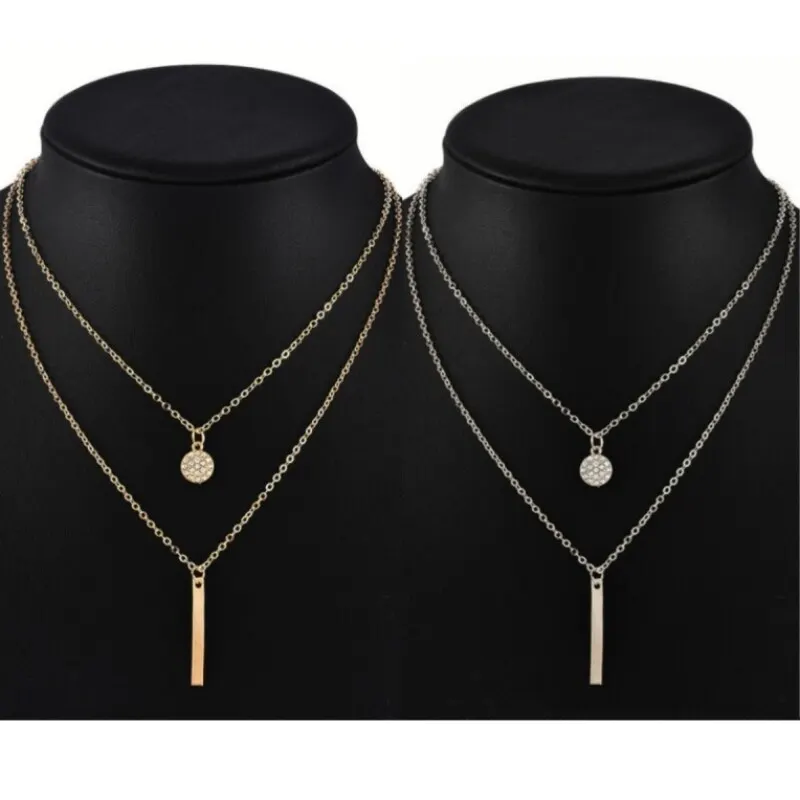 2pcs Layered Necklace Ladies Fashion Trend Style Double Round Geometric Long Bar Simple Jewelry