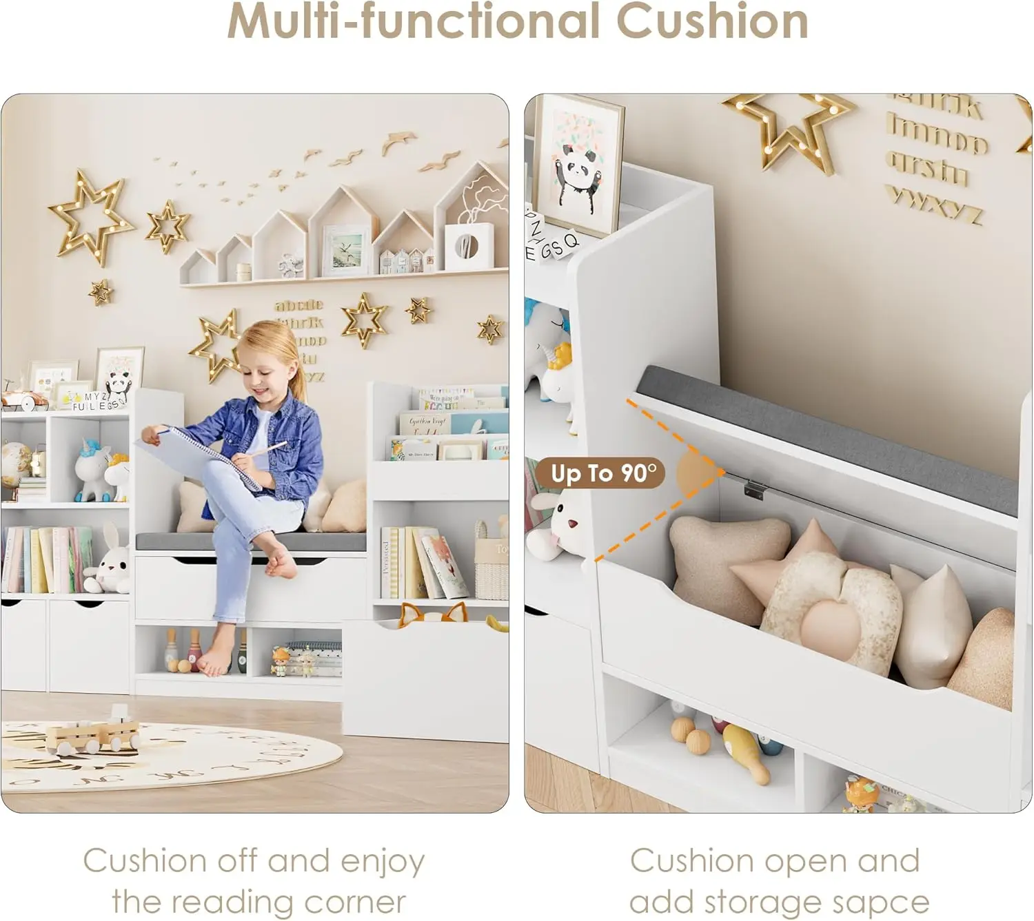 Estante infantil de 72 polegadas com ângulo de leitura, organizador de armazenamento de brinquedos super grande com almofada de assento e 3 gavetas móveis