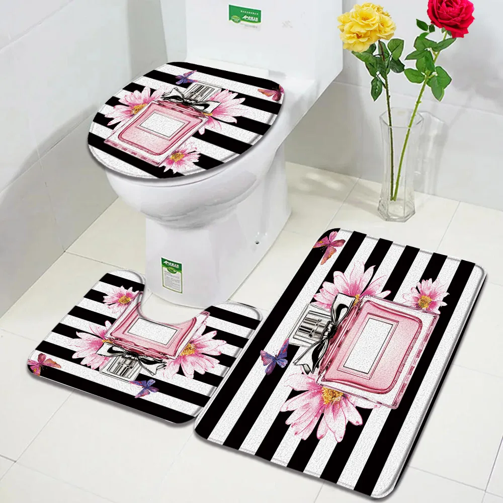 Fashion Perfume Bath Mats Sets Flowers Black And White Striped Door Rug Women Girls Home Bathroom Decor Flannel Toilet Cover Mat