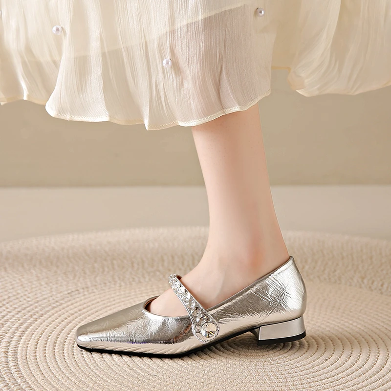 スクエアトゥローヒールクリスタル装飾ファッションレディースシューズ浅い口セクシーでエレガントなカジュアル女性パーティー快適なローヒール