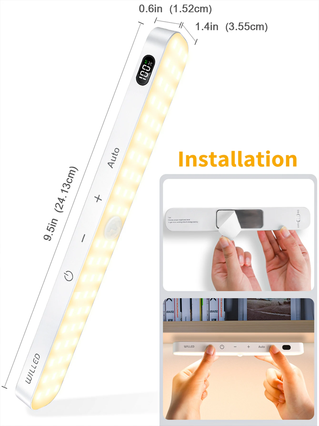 WILLED Warm Light Czujnik ruchu Oświetlenie szafki Wyświetlacz baterii 60-LED Touch Light Bar Bezprzewodowa lampka nocna z akumulatorem