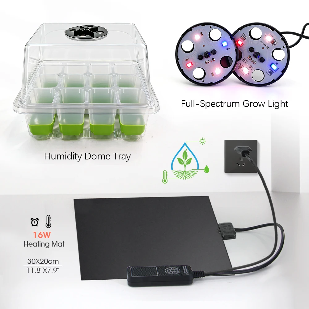 16W Plants Timed Heat Mat w/ Full Spectrum LED Growth Light Seedling Starter Tray Kit Greenhouse Cloning Nursery Germination Box