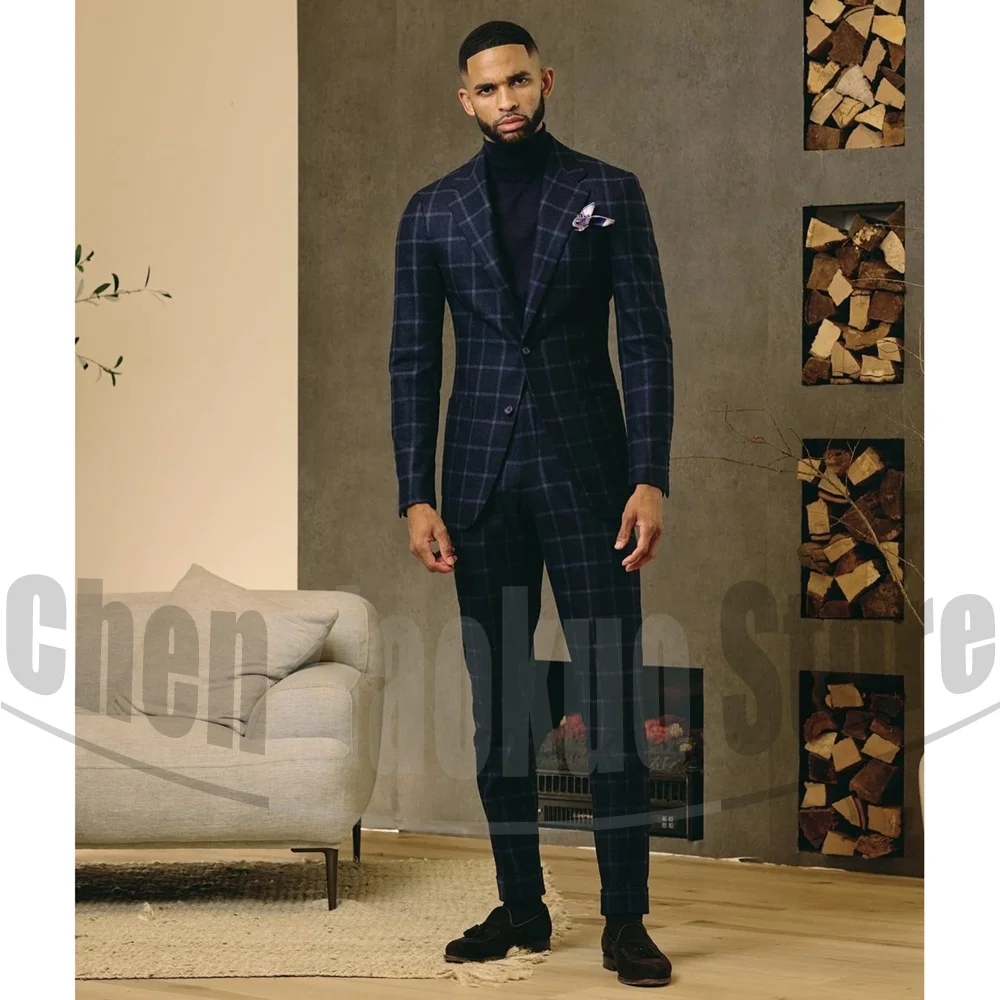 

Men's Navy Blue Plaid Suit Slim Stylish Checkered Design Single Breasted Outfit Business Wedding Party Prom Male Suit 2 Piece