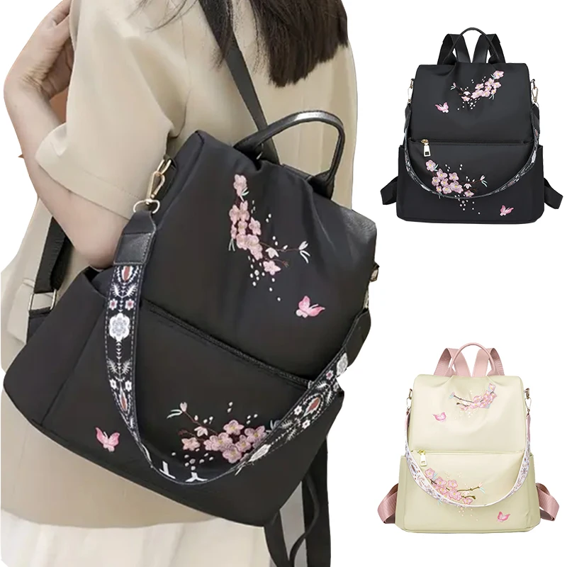 

Aesthetic Cherry Blossom Embroidered Backpack for Women Anti-theft Nylon Travel Bag Convertible Shoulder Purse