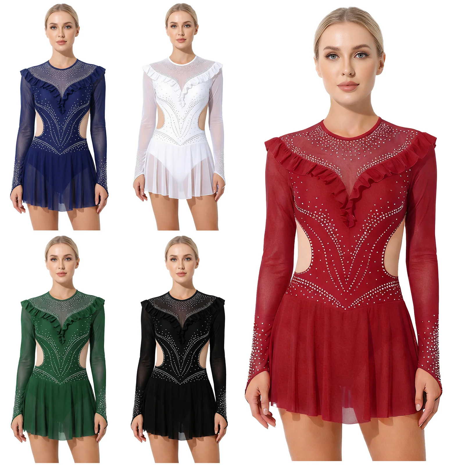 Damen Eiskunstlauf-Kostüm Rhythmische Gymnastik Ballett-Trikot Glänzendes Strass-Netz Langarm Latein Jazz Tanzkleid