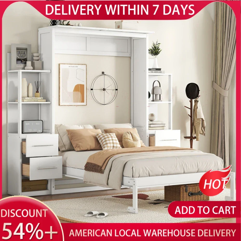 

Murphy Bed Full Size,Wall Bed with Shelves,can be Folded,Wood Cabinet Hideaway Bed Frame W/Drawers and LED Lights,for Kids,White