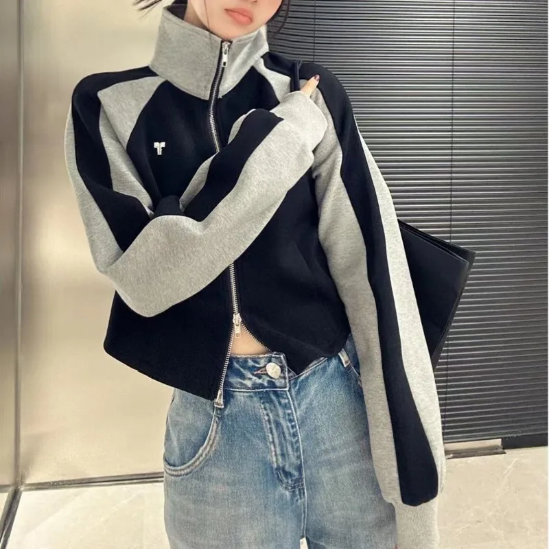 New Arrival 2024 Fall Custom Sporty Standing Collar Short Double-Zip Color Block Casual Cardigan For Women