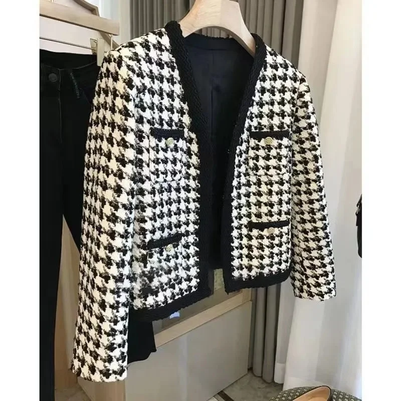 Women Jacket French Tweed Small Suit Coat Autumn Winter Women's Clothing Houndstooth Small Fragrance Coat Female Tops Outerwear