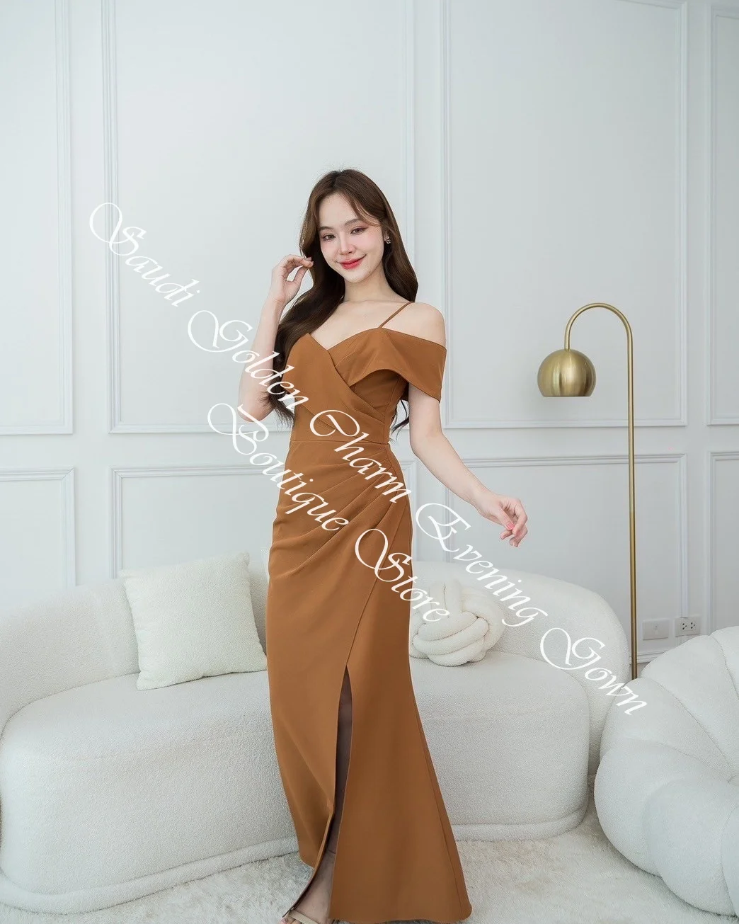 Customized  High Quality Jersey Straight Off the Shoulder Evening Dresses Short Sleeves Strapless Panel Train Party Dre