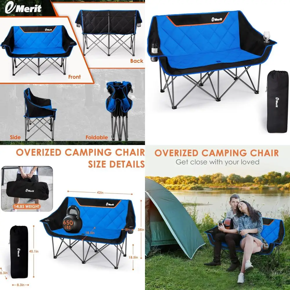 

Двойной походный стул с большой мягкой подкладкой для взрослых, сверхмощный складной двухместный диван для улицы, кемпинга, пляжа, лужайки, концерта 650 фунтов