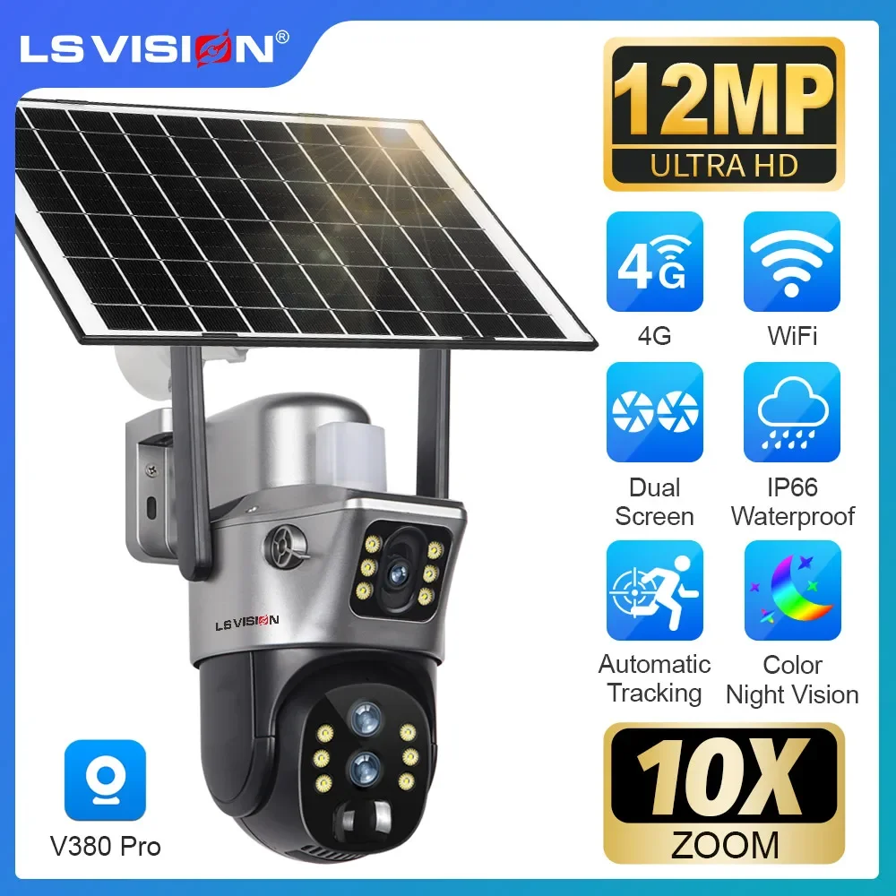 LS VISION 12MP 4G/WiFi Dual Screen Solar Camera Outdoor 10X Zoom 6K Three Lens Human Auto Tracking Surveillance Camera V380 Pro