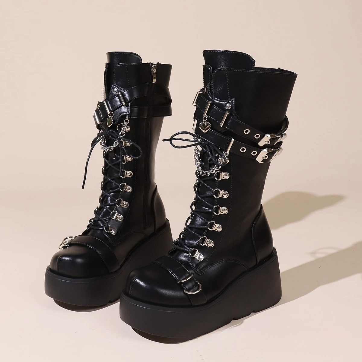 

Удобные туфли на танкетке, женские белые ботинки до середины икры на толстой подошве, кожаные ботинки в стиле панк, женский рыцарь для косплея