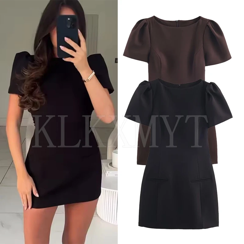 Robe de soirée plissée à manches courtes pour femmes, Chic, col rond, ligne a, Mini robe élégante, nouvelle collection 2025 ﻿