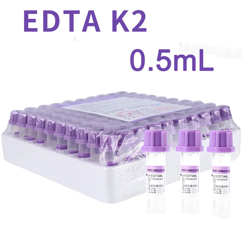 Sterile Micro Blood Collection Tube 0.5ml  EDTA K2 Tubes Purple Cap Plastic Disposable Anticoagulation Test Tubes For Lab 100Pcs