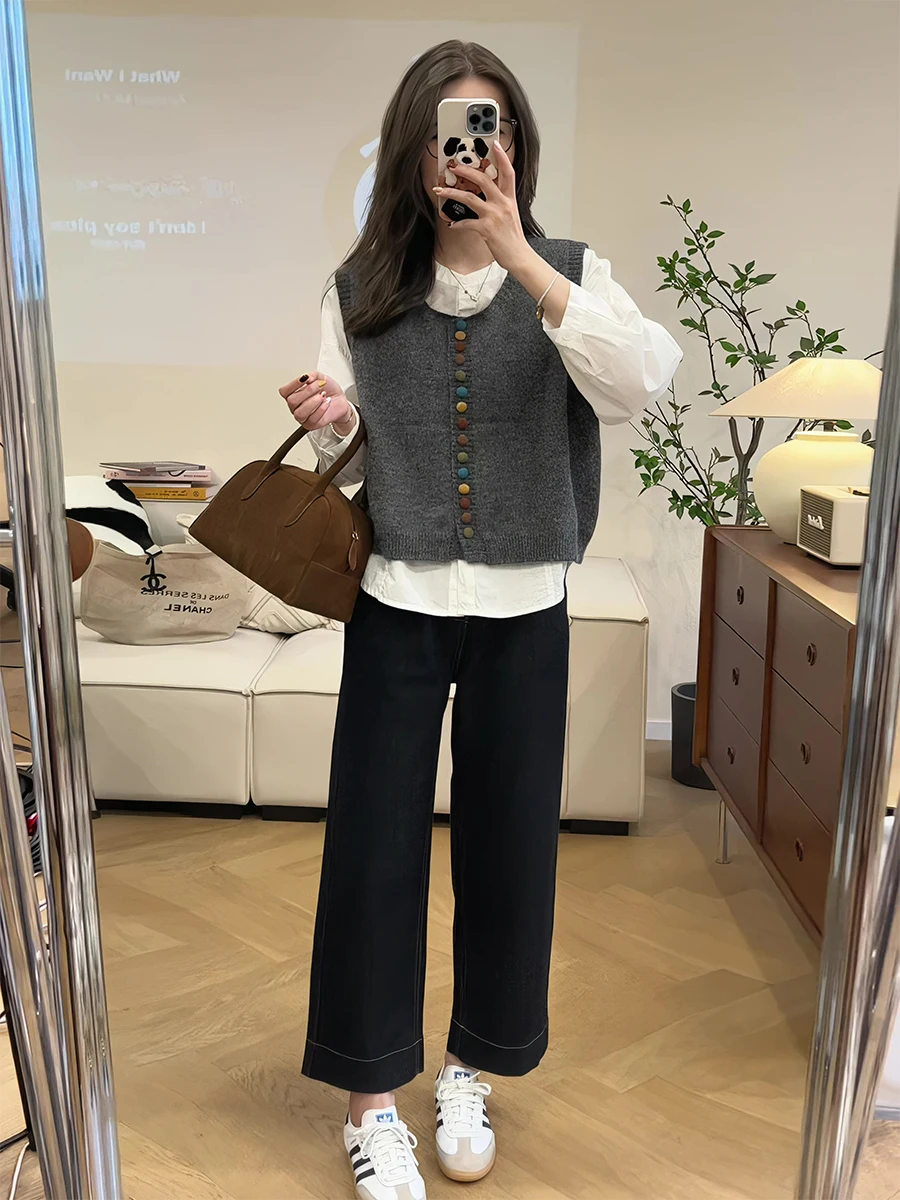 

Вязаный жилет с круглым вырезом и цветными пуговицами, комплект из двух предметов, осенний повседневный стиль, женская мода