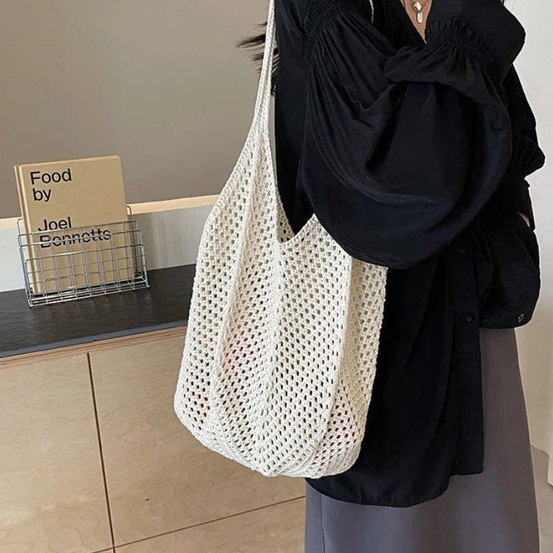 

Women Crochet Tote Candy Bag Fashion Knitted Large Capacity Woven Shoulder Bags Solid Color Simple Shopping Bag for Summer Beach