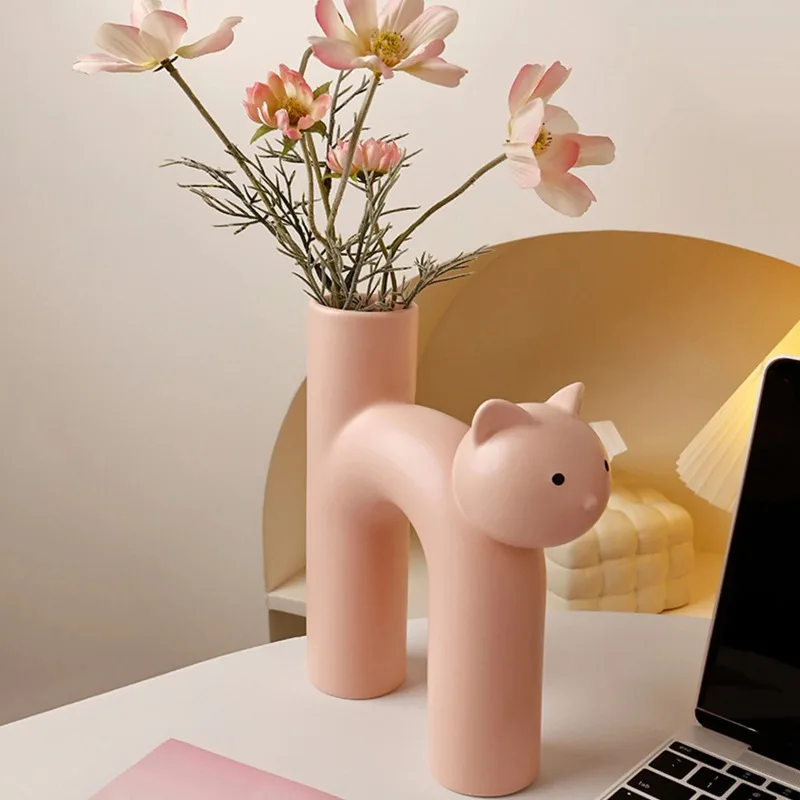 Resin Cat Flower Vase Handmade Artistic Plant Holder Gift Cute Kitty Shape Table Centerpiece Decor Cat Kitty Bud Flower Vase