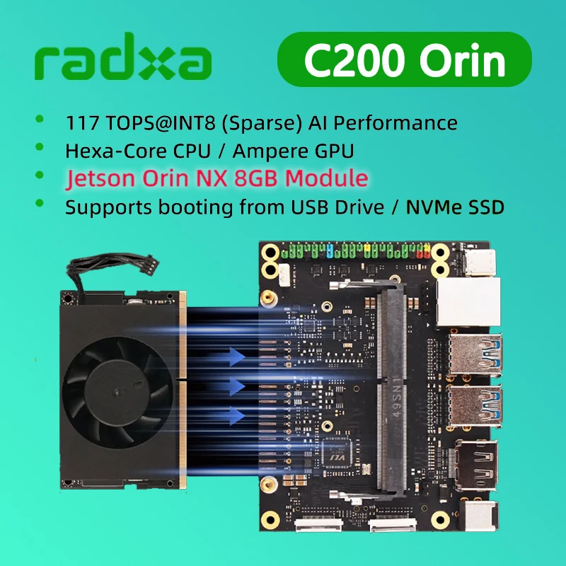 

Комплект разработчика Orin Radxa C200/модуль Jetson Orin NX 8 ГБ, с радиатором (попередняя установка на модуле) /Суперрежим 117 ТОП / Edge AI