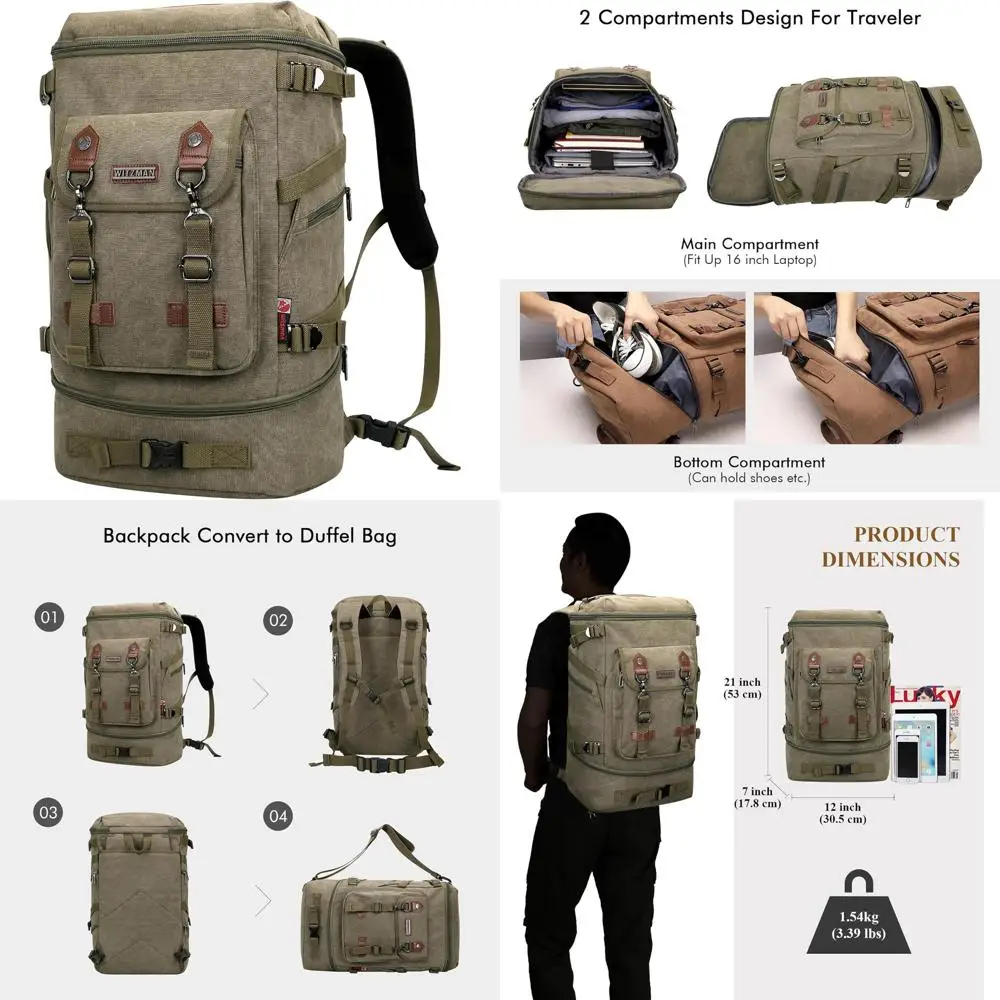 

Canvas Travel Backpack Unisex Convertible Duffel Bag Large Army Green for Carry-On Luggage and Everyday Use