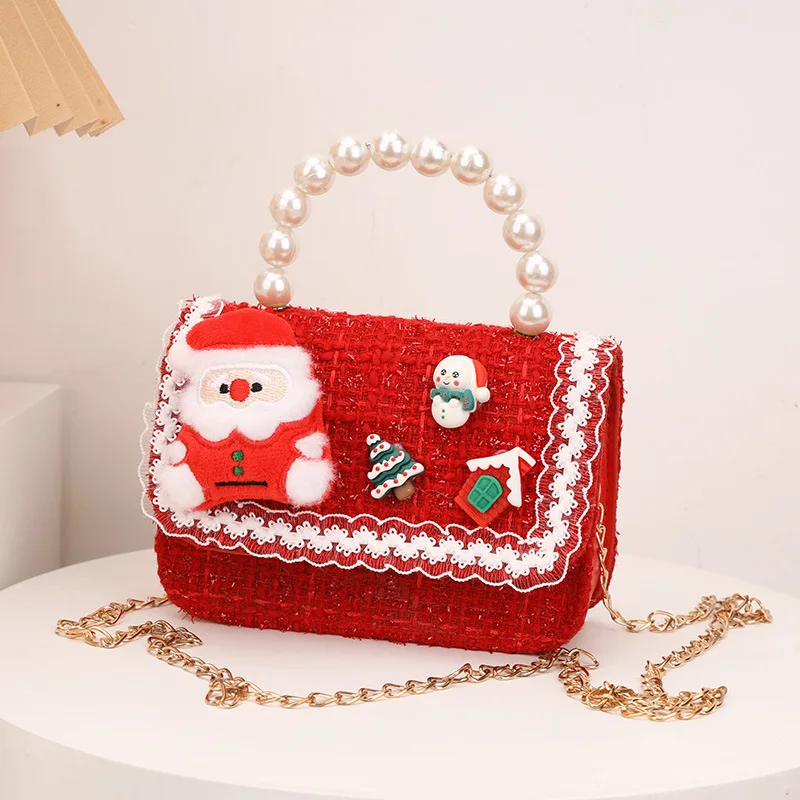 Cute Plaid Children's Small Square Crossbody Bags Santa Claus Pearl Handle Girls Handbags Baby Kids Coin Purse Christmas Gift