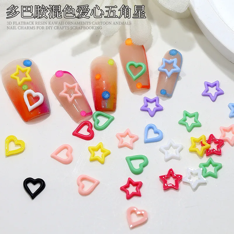 100PCS Mix Glitter Macaron Dark Dopamine Hollow Lovely Heart Stars Resin Nail Art Rhinestones Decorations Manicure Charms