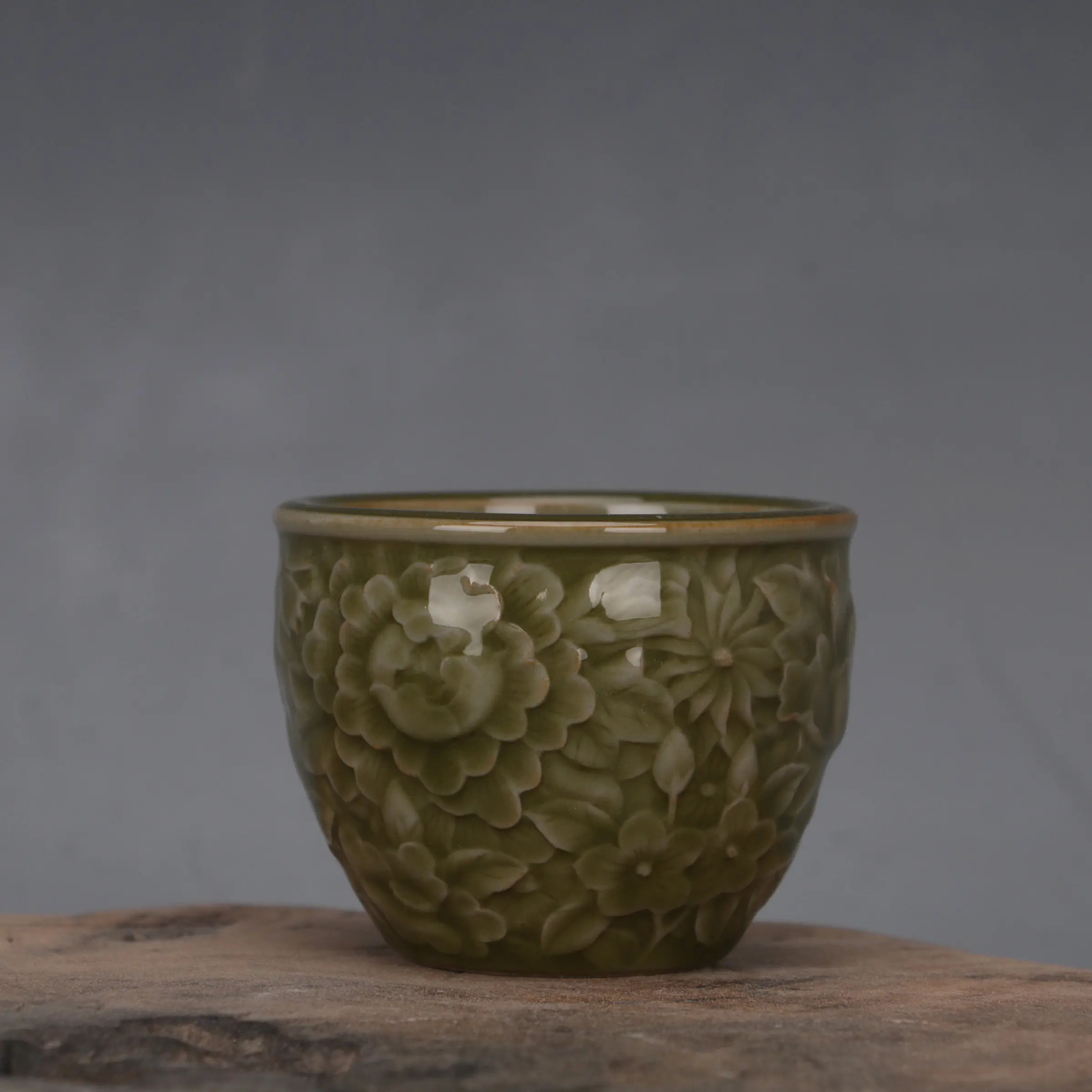 Vintage Longquan Kiln Tea Glaze Carved Jar Cup Studio Pottery Home Decor Collectible