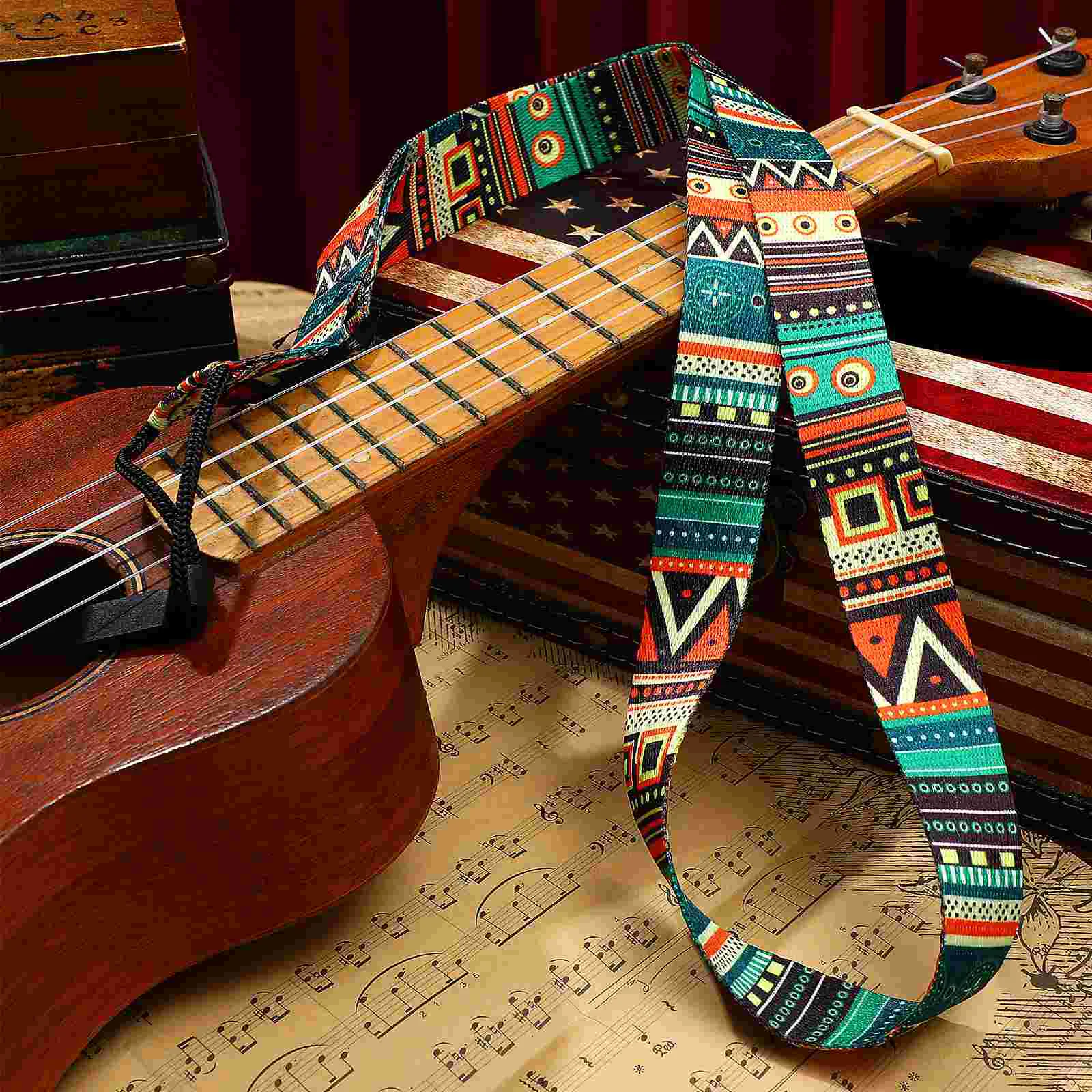 Ukulele Strap Guitar Strap Vintage Ethnic Style Adjustable Colorful Pattern Strap with Hook Carry Accessory