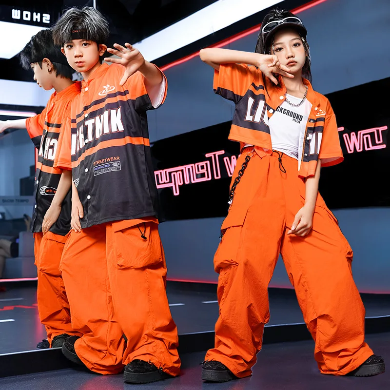 Chidren Summer Girls costume hip hop costume long sleeve jacket orange polyester pants 2 piece set for boys and girls biker cost