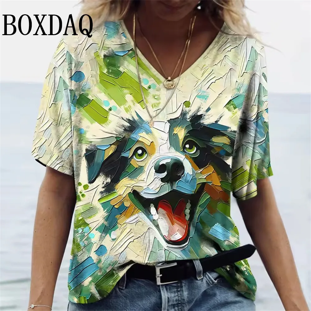 タイダイ染め油絵柄レディースTシャツ、プラスサイズ、夏、半袖、ルーズトップス、大きいサイズ、カジュアルファッション、Vネックプルオーバートップス、8XL