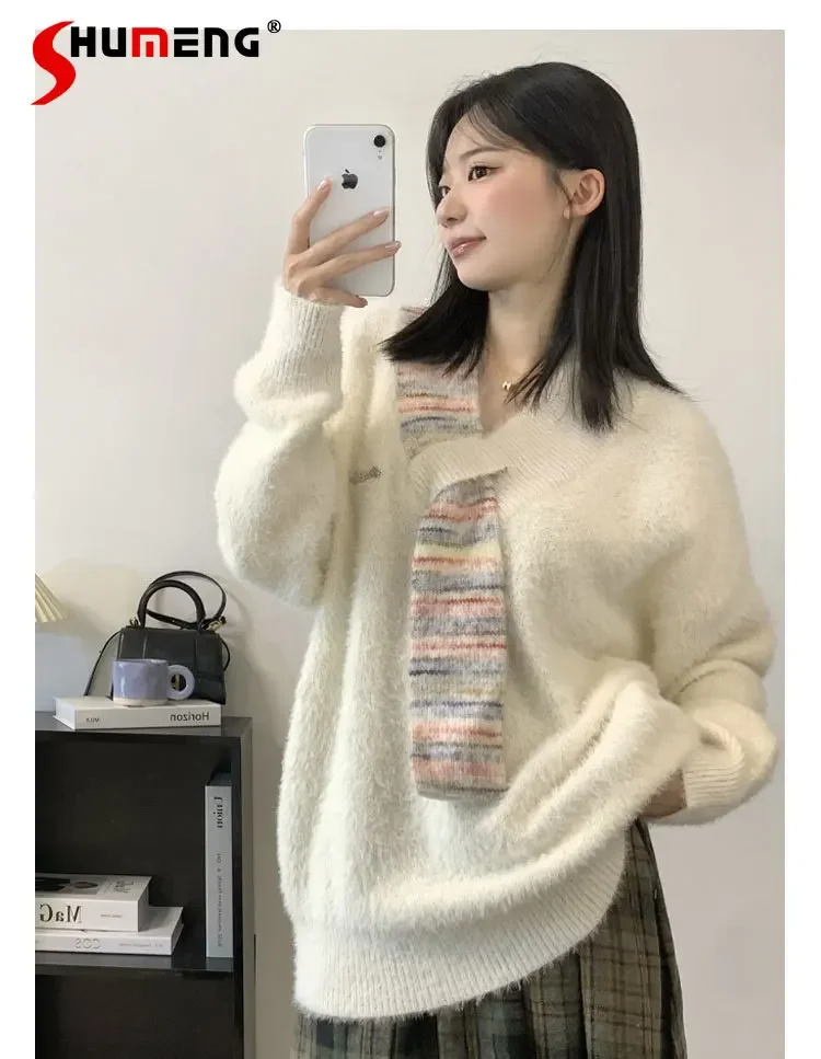 Japanischen Stil Mädchen Süße Casual mit Schal Gestrickte Pullover frauen Herbst und Winter Spleißen Design V-ausschnitt Paar Pullover