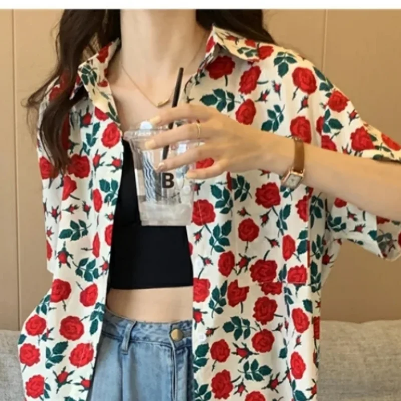 Vintage Flower Shirt Summer New Vintage Printing Shirt Tops Polo Neck Short Sleeve All-Match Loose Blouse Fashion Casual Women