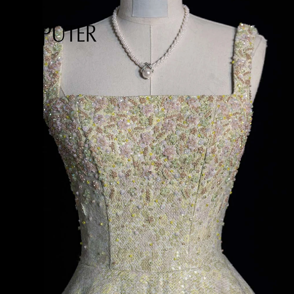 Light Green A line Evening Dresses Sequin Lace Beaded Bodice Party Celebrity Dress Wide Shoulder Straps Decent Lady Prom Gown