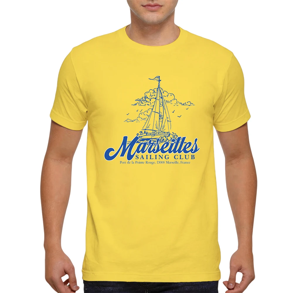 Mens 100% Cotton T Shirt Marseilles Sailing Club Sketch Sailboat Vintage Nautical Print Breathable Short Sleeve Daily Wear