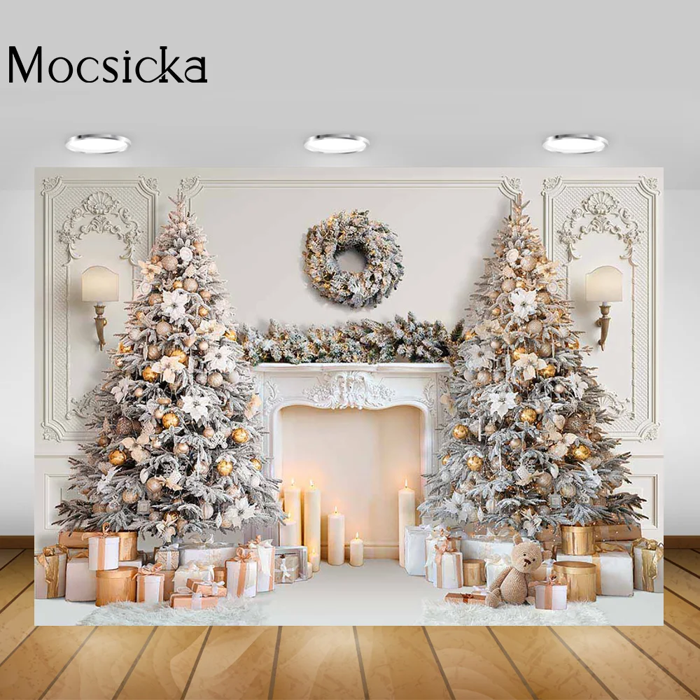 داخلي الأبيض الموقد خلفية فوتودعوة أشجار عيد الميلاد هدايا اللعب شمعة إكليل خلفية الكلاسيكية عيد الميلاد الشتاء خلفية الدعامة