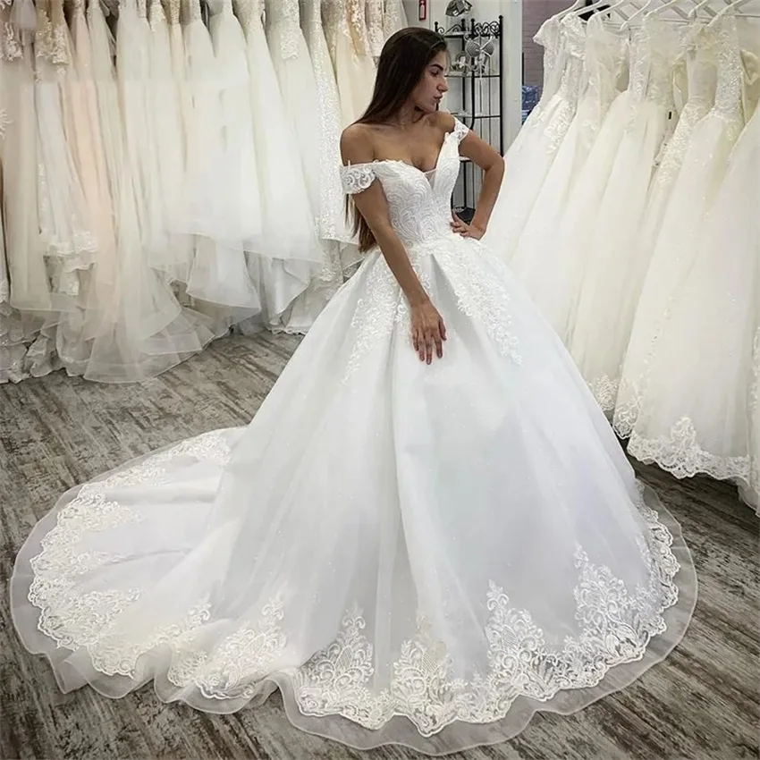 

Customized Long White Appliques Ball Gown robe de mariée Princess Sexy V Neck Vestidos De Novia Off The Shoulder Wedding Dresses