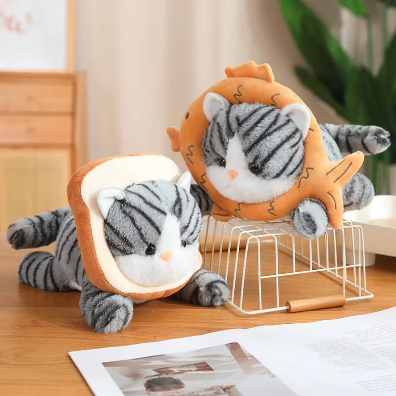 Como muñeco de gato Real, Animal de Peluche tumbado, gato gris naranja con pan de pescado, Peluche relleno, regalo de decoración