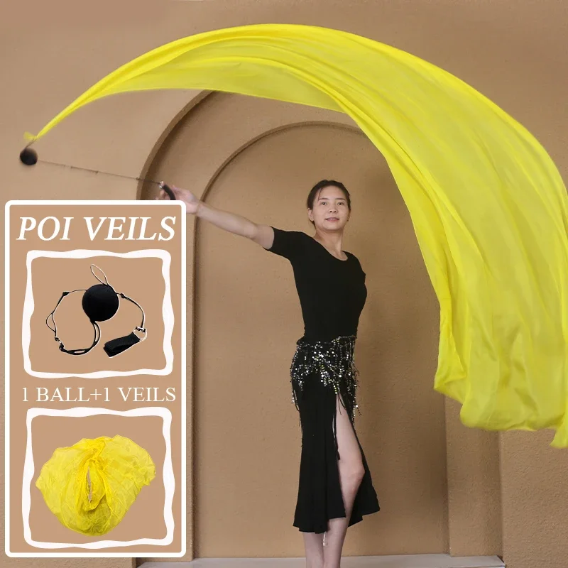 Velo de seda para danza del vientre, pañuelo de seda para danza del vientre, velos, serpentina Poi, colores graduales, banderas Poi de seda con bola Poi, bufanda de seda para danza del vientre