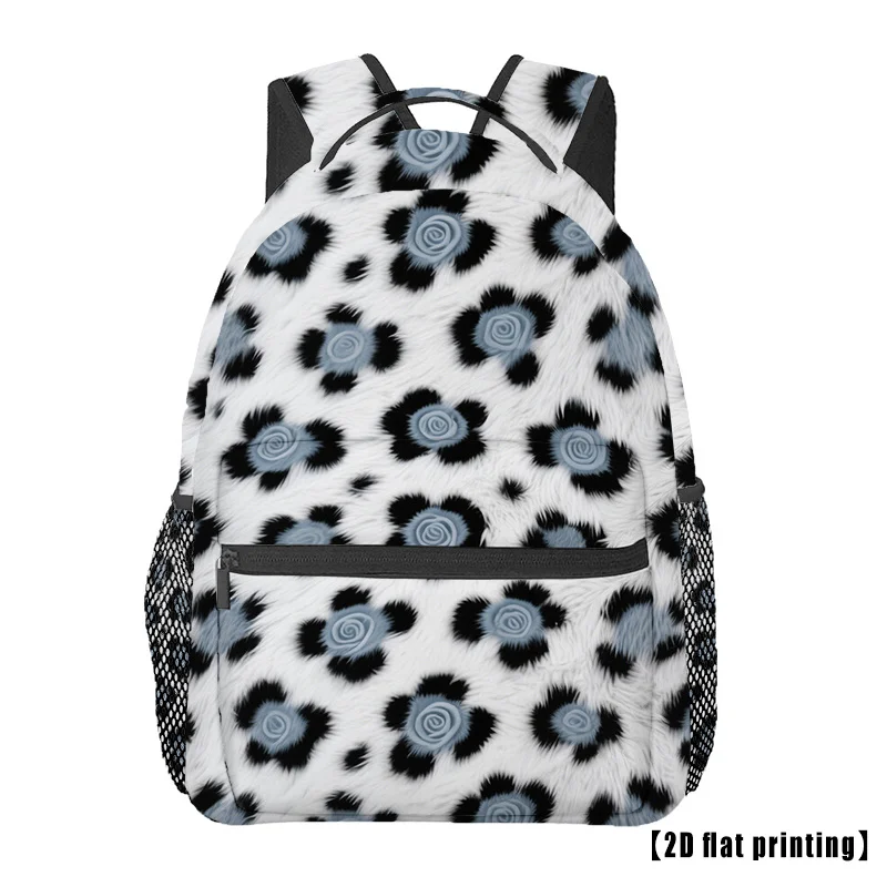 

Faux Fur Leopard Rose Print Backpack Black White Light Blue Floral Animal Pattern School Bag Lightweight Casual Daypack
