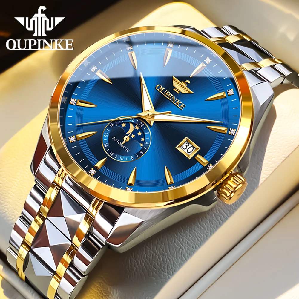

OUPINKE Men's Watches Luxury Business Tungsten Steel Original Automatic Mechanical Wristwatch Waterproof Luminous Moon Phase 24H